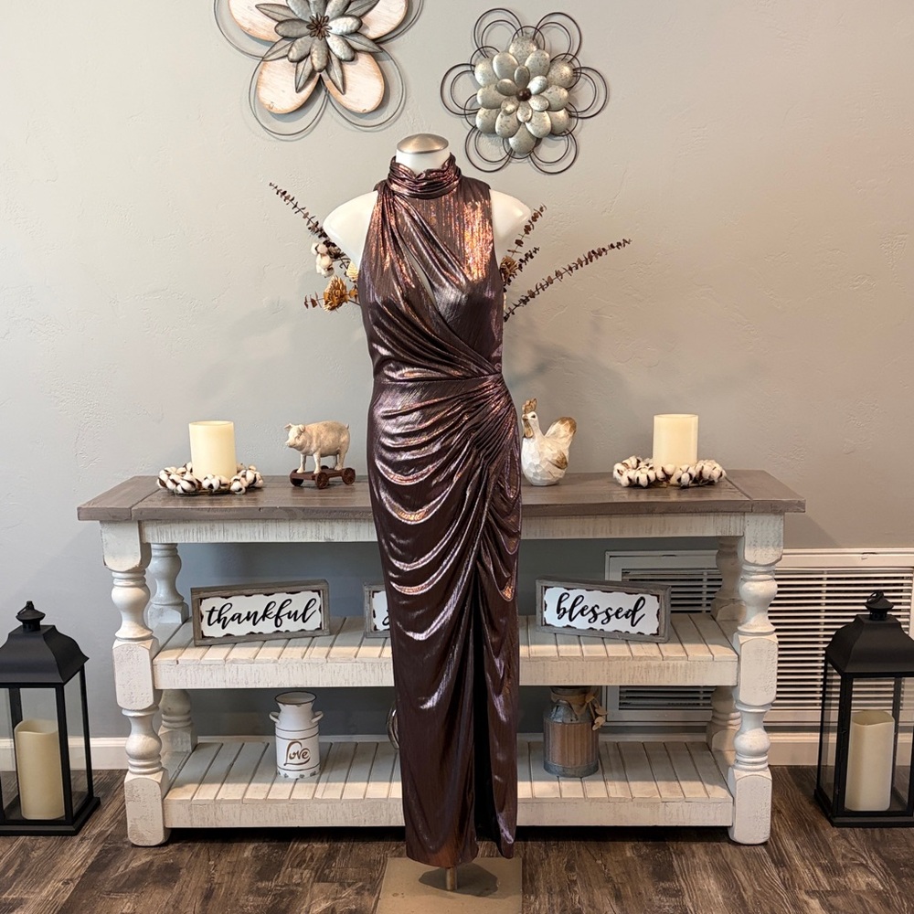 Metallic Ruched Halter Evening Dress